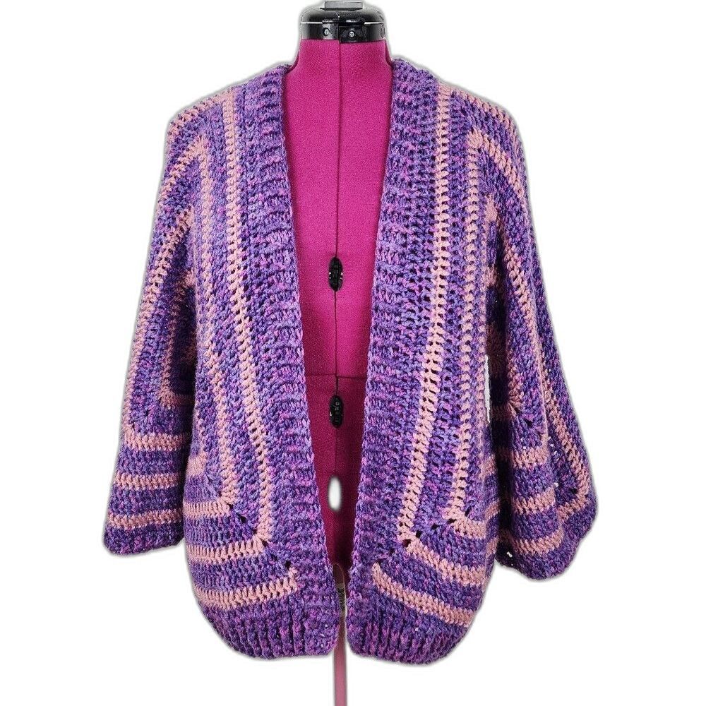 Brand New Handmade Crochet Open-Front Cardigan Purple Pink Geometric Sweater